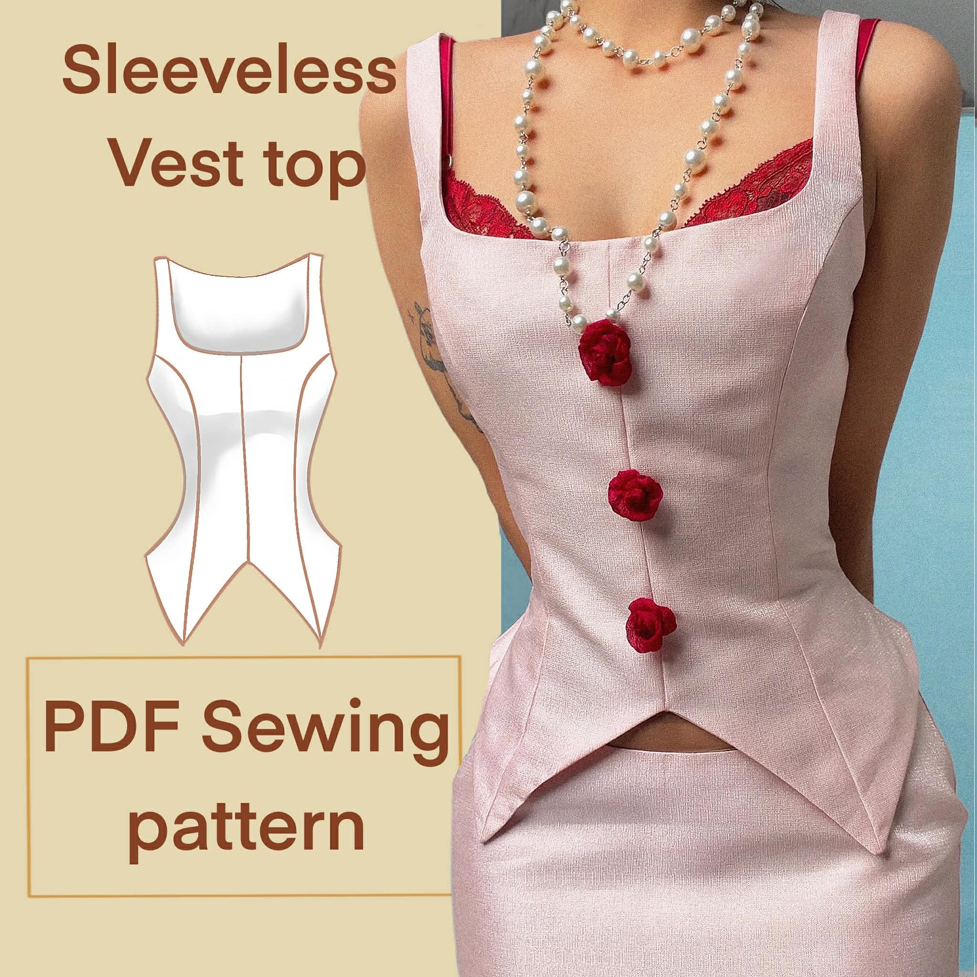 Sleeveless vest top A4 PDF Sewing Pattern PRINTABLE | Instant Download with 14 sizes