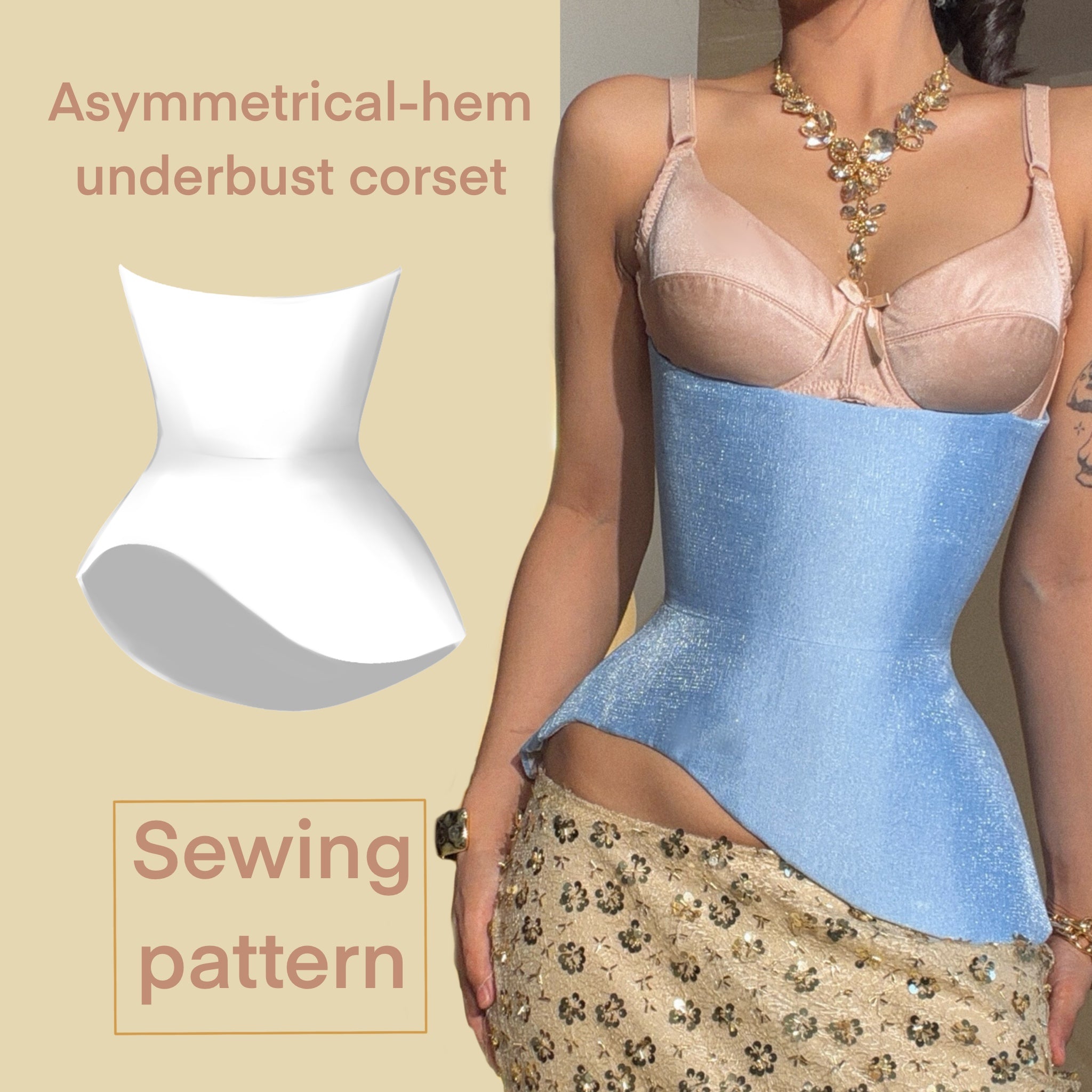 Asymmetrical-hem Underbust corset PDF Sewing Pattern PRINTABLE | Instant Download with 14 sizes